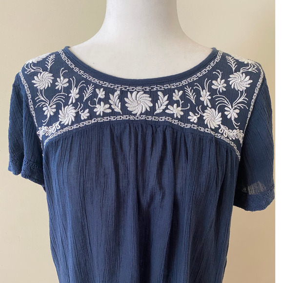 Garnet Hill Dress Tunic Cotton size small navy blue embroidered boho lightweight - Picture 2 of 5
